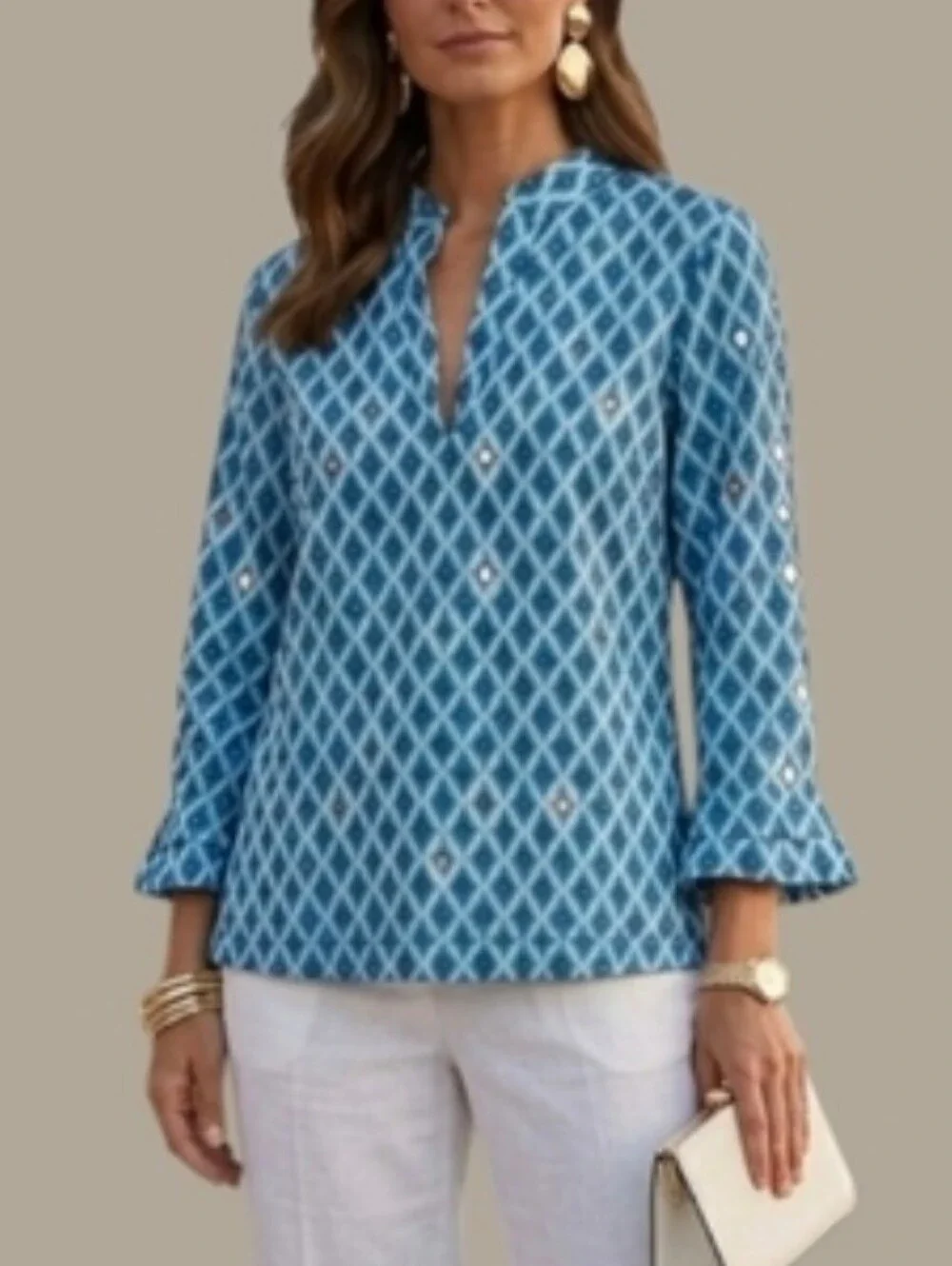 Tory Burch Blue Ikat Geometric Diamond Tunic Top-Mirrored Accents Size 4